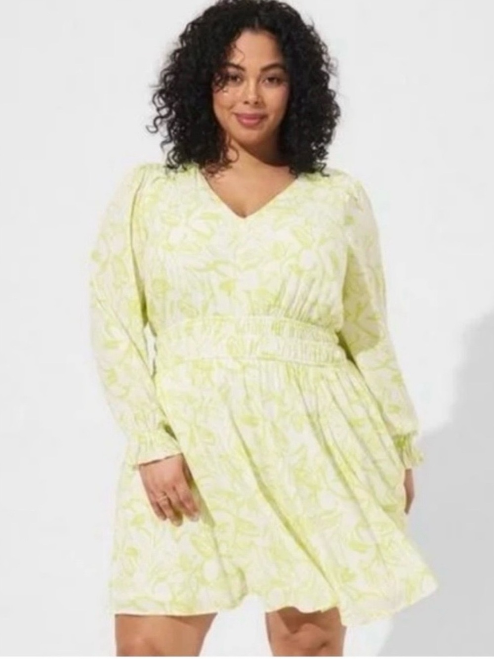 torrid Light Yellow Floral V-Neck Long Sleeve Dress